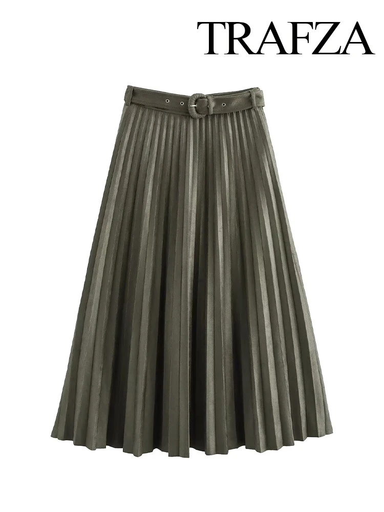 TRAFZA Women's New Fashion Versatile Suede Effect Midi Pleated Skirt Female Elegant Pleated Warm Ankle Length Casual Skirt Mujer