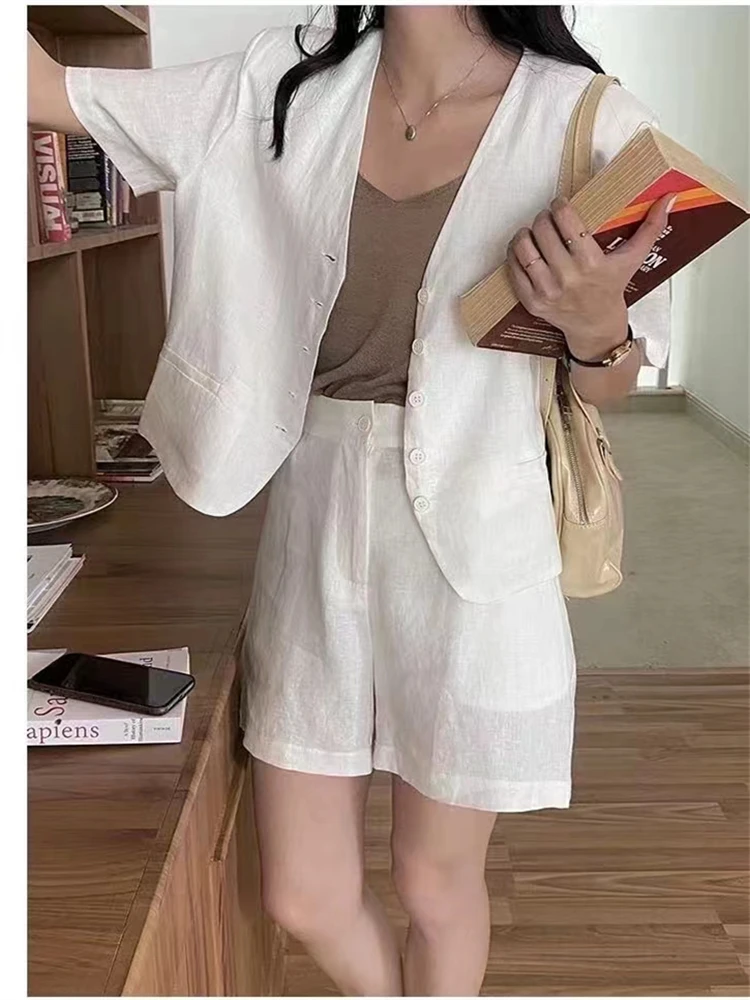 2024 Oversize Solid Girls Summer Blouse Women Suit Short Sleeves Shirt Tops High Waist Wide Leg Trousers Two Piece Shorts Suits