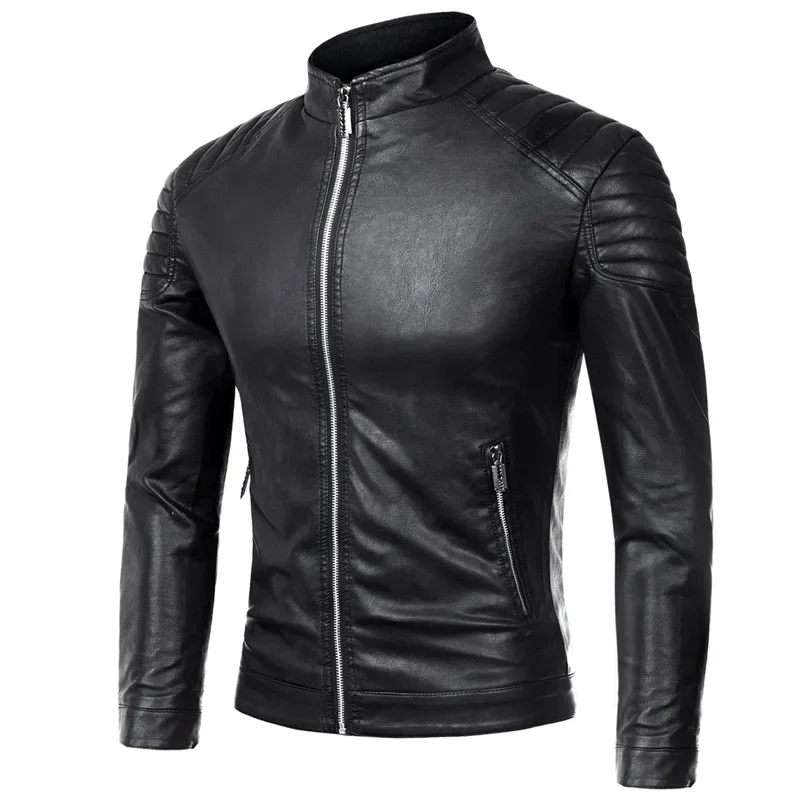 

Male Stand Collar Motorcycle Leather Jacket Men Autumn PU Leahter Jacket Casual Windbreaker Trendy Mens Clothing Black Blue Coat
