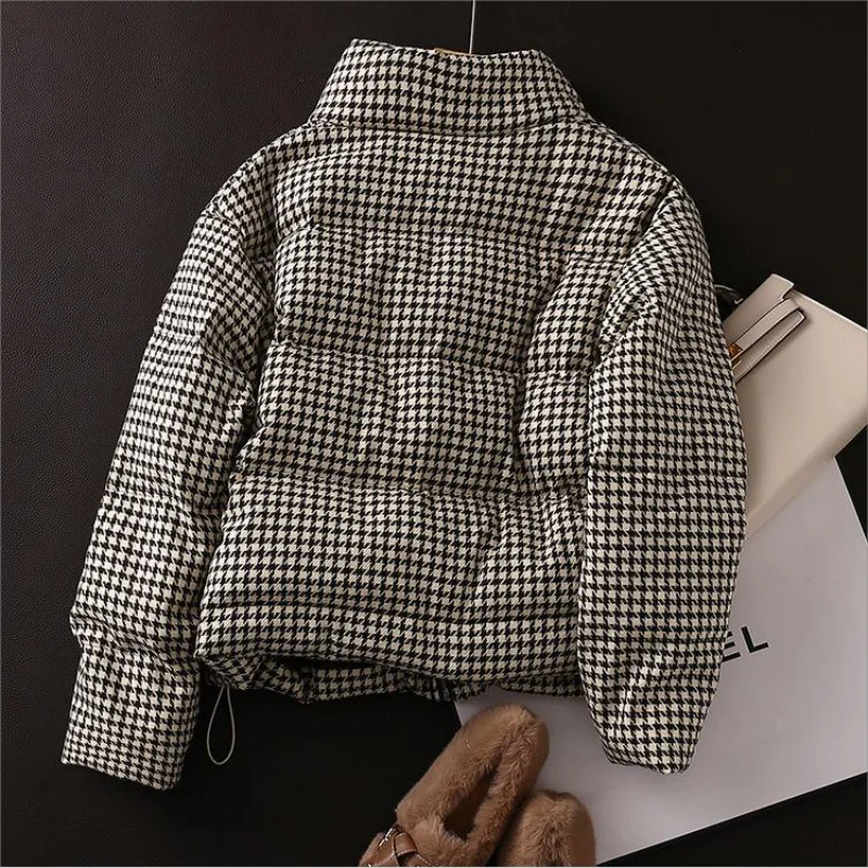 2024 New Winter Parka Jacket Women Korean Fashion Plaid Padded Coat Women Stand Collar Thick Warm Windbreaker Outerwear