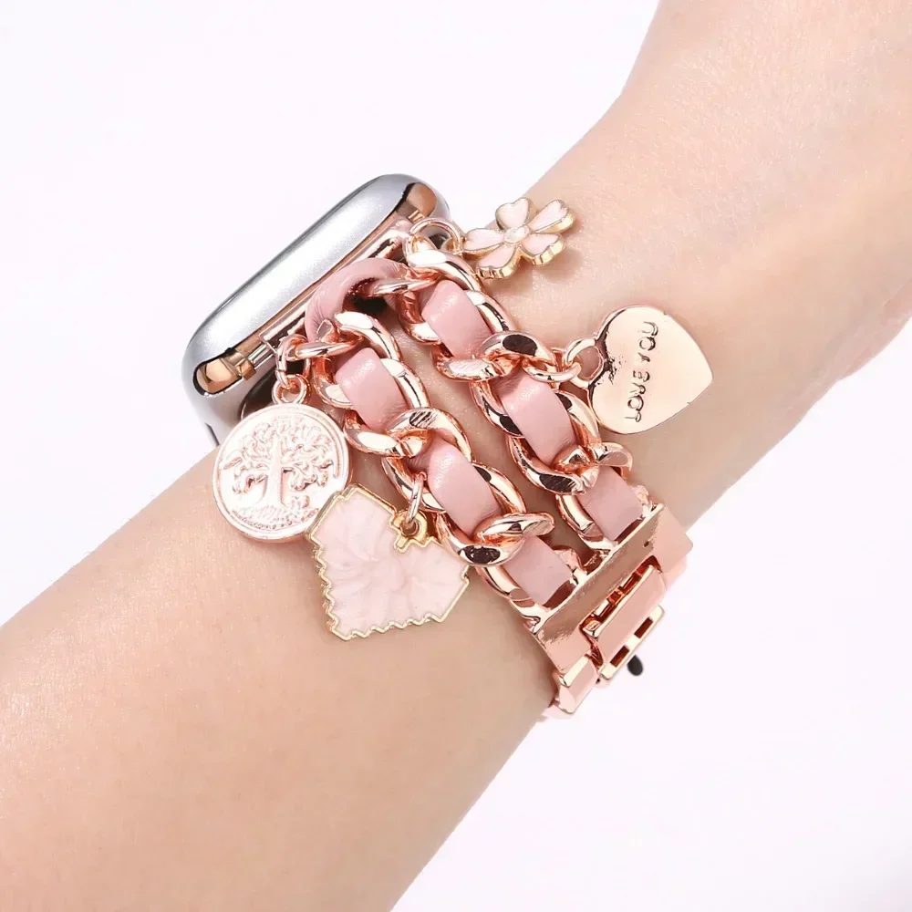 Women Metal+leather Strap for Apple Watch 10 42mm 46mm 9 8 7 41mm 45mm Cute Bracelet for Iwatch Series 6 5 Se 44mm 38 40mm Band