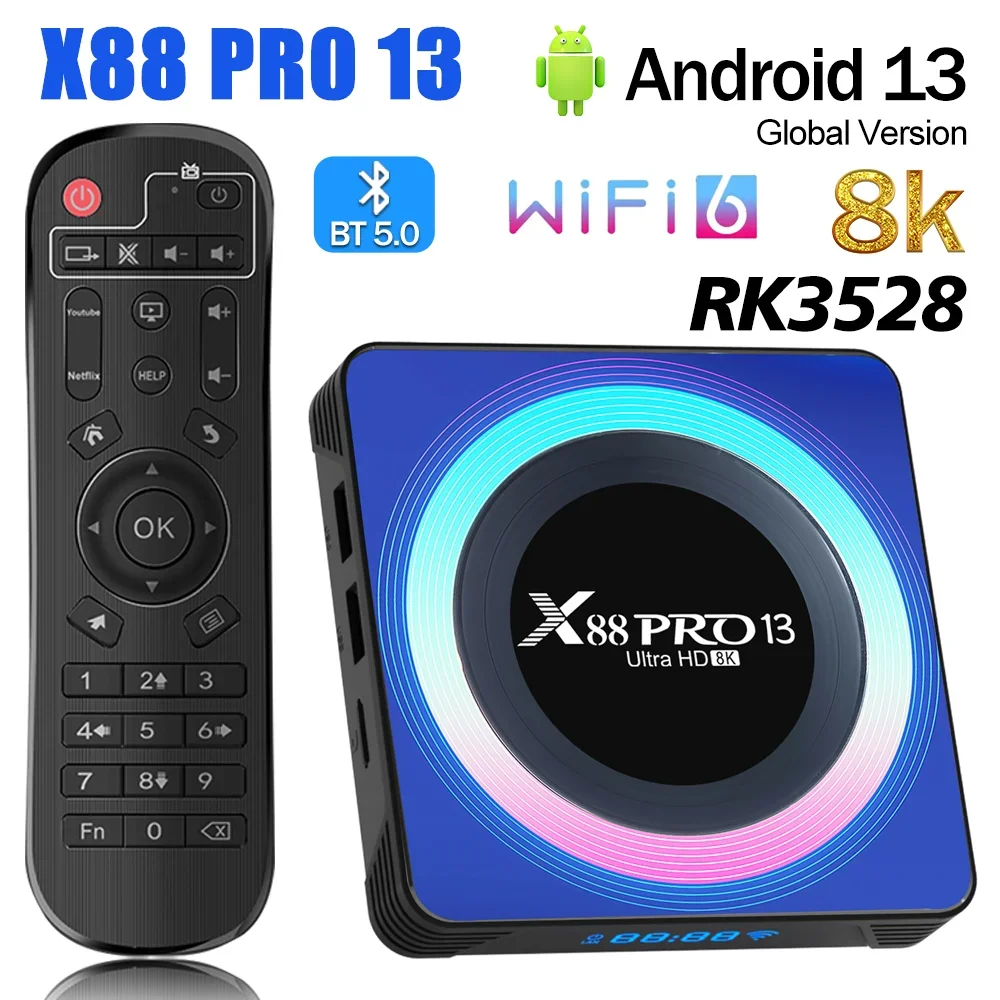 X88 Pro 13 Smart TV Box Android13 Rockchip RK3528 2GB16GB 4GB 32GB/64GB Wifi6 BT5.0 2.4G/5G Wifi 8K HD Media Player Set Top Box