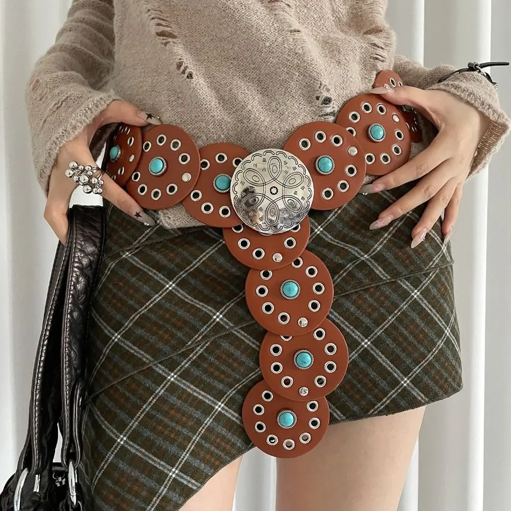 

Punk Metal Round Buckle Belts Wide Y2K Metal Buckle Belts PU Leather Western Style Hollow Out Belts Decorative Jeans