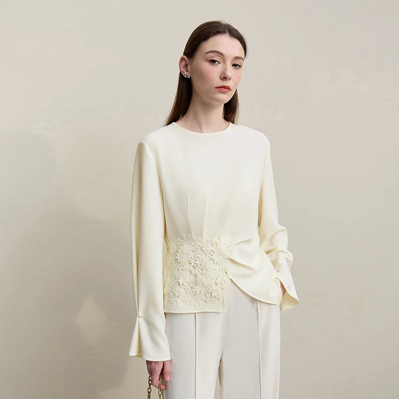 Amii damesblouse 2026 lente nieuwe elegante commuter ronde hals kant chiffon damesoverhemd losse veelzijdige elegante top 12681001