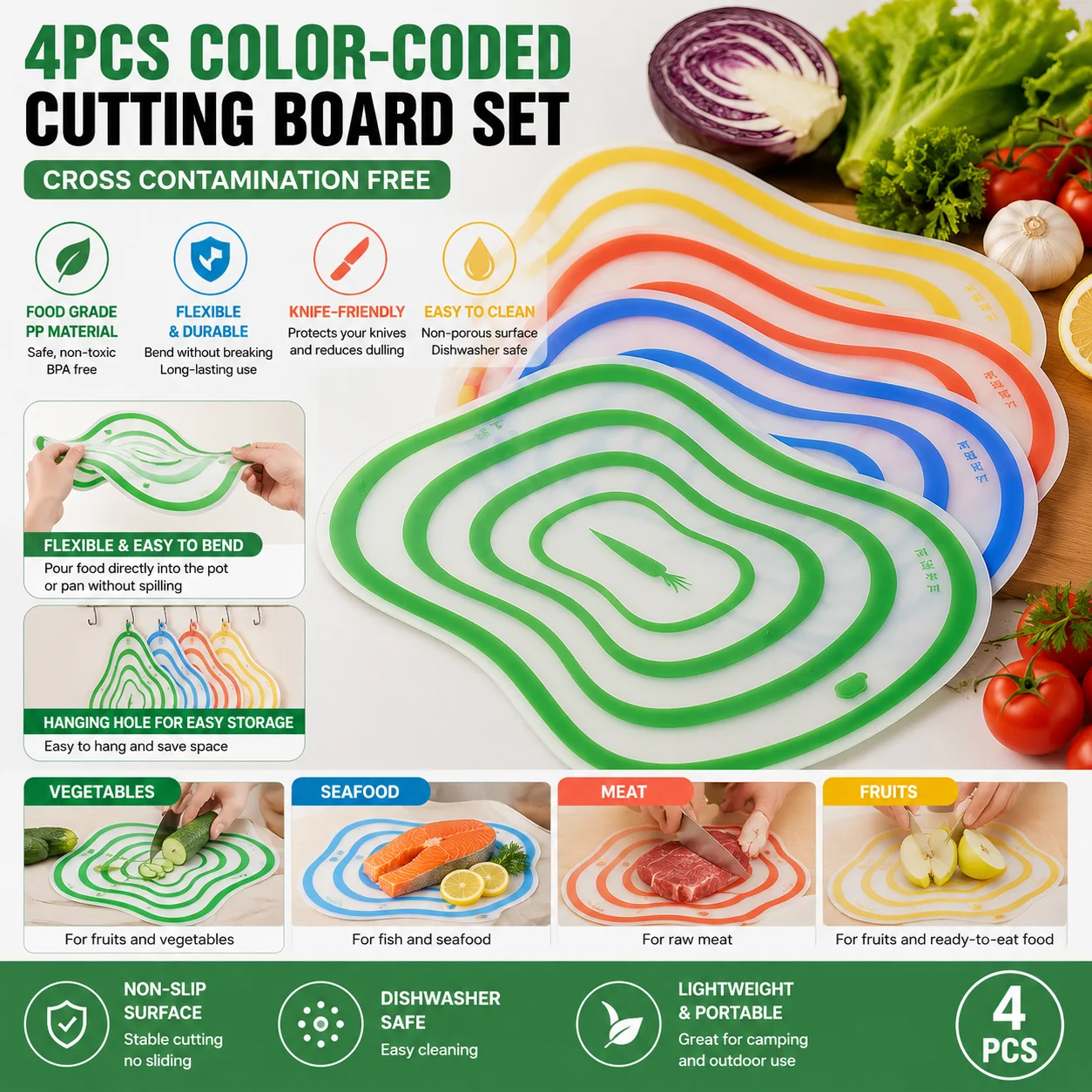 4PCS Flexible Cutting Board Set Color Coded Chopping Mats Dishwasher Safe Kitchen Prep Boards