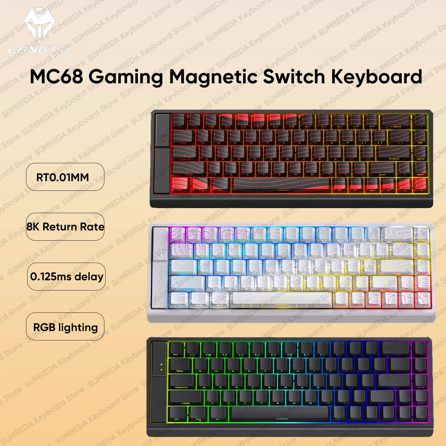 

Langtu MC68 Проводная игровая механическая клавиатура с раскладкой 65% Магнитный переключатель RT0.01MM 8K RGB Дродовая клавиатура с датчиком Холла для FPS Gamer