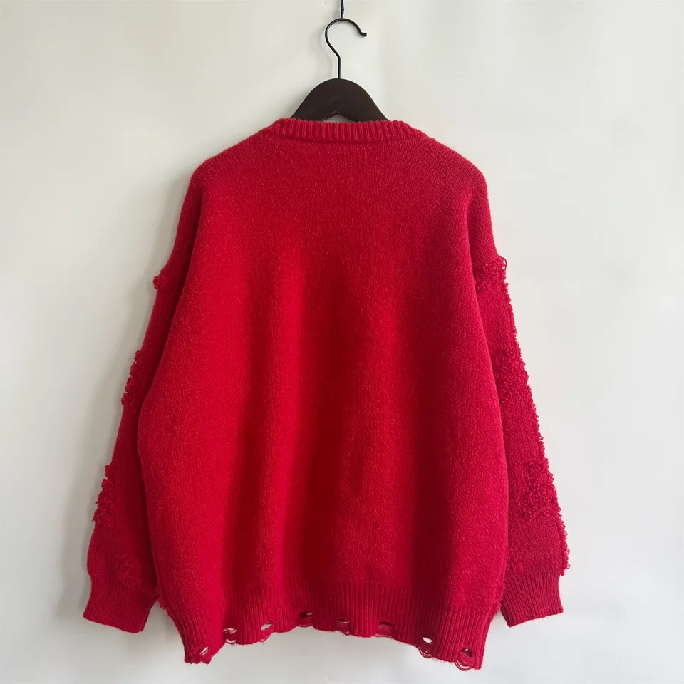 Pull de noël pour femmes, automne/hiver, nœud à ongles, perle, rouge, tricoté, hauts, mode américaine, Jacquard, pulls du nouvel an