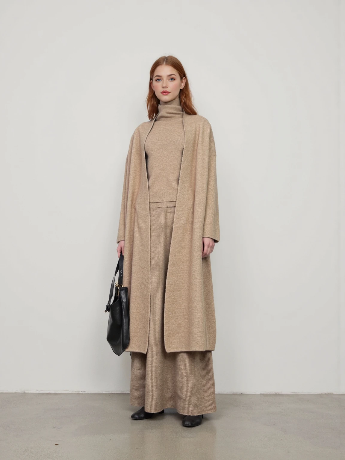 

ay System Gentle Lazy Person's Long Knitted Open Cardigan Sweater High Collar Vest Skirt Tee-Piece Set Soft Fit Sle