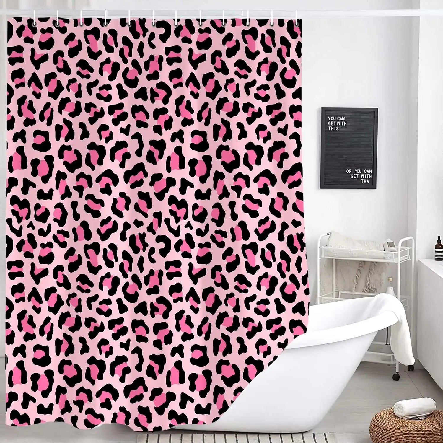 Pink Leopard Print Shower Curtain, Sexy  Tub Bath Curtains, Cheetah Skin Pattern Bathroom Decor for Girl Shower Curtain Set with