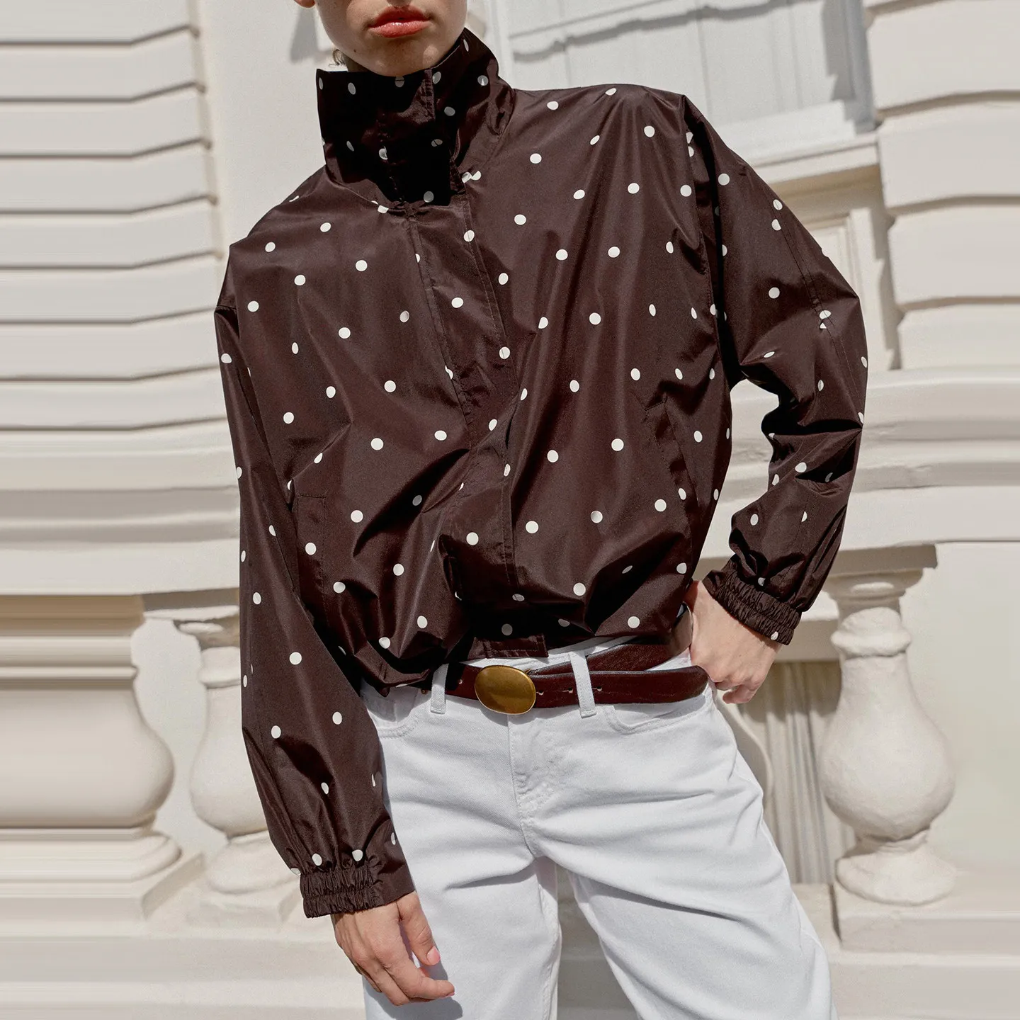 ZADATA Women's Autumn 2026 Long Sleeve Pilot Jacket Polka Dot Stand Collar Outerwear Standard Fit Short Coat Regular Thickness
