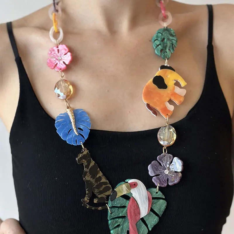 GuanLong Trendy Colorful Animal Plants Necklaces for Women Big Pendant Long Necklace For Girls Summer Party Fashion Jewelry Gift