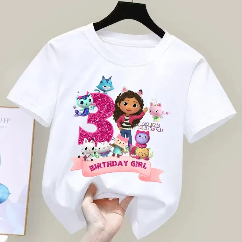 Girls White Pink Cotton Short Sleeve T-shirt with Gabby's Dollhouse Birthday Number, Casual Versatile Top for Summer Party