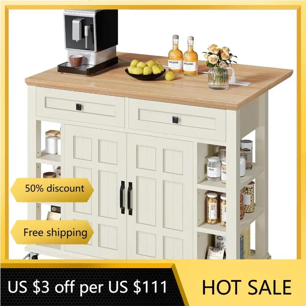 Kitchen Island with Drop Leaf & Power Outlet, Rolling Kitchen Cart on Wheels, Americana Kitchen Island Cabinet with Open Shelves