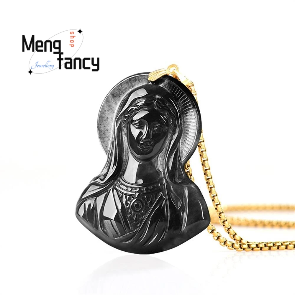 

Натуральный кулон из черного жадеита типа А «Мария» с застежкой из серебра S925, в национальном стиле, с символом удачи, высококачественное модное ювелирное украшение, праздничный подарок