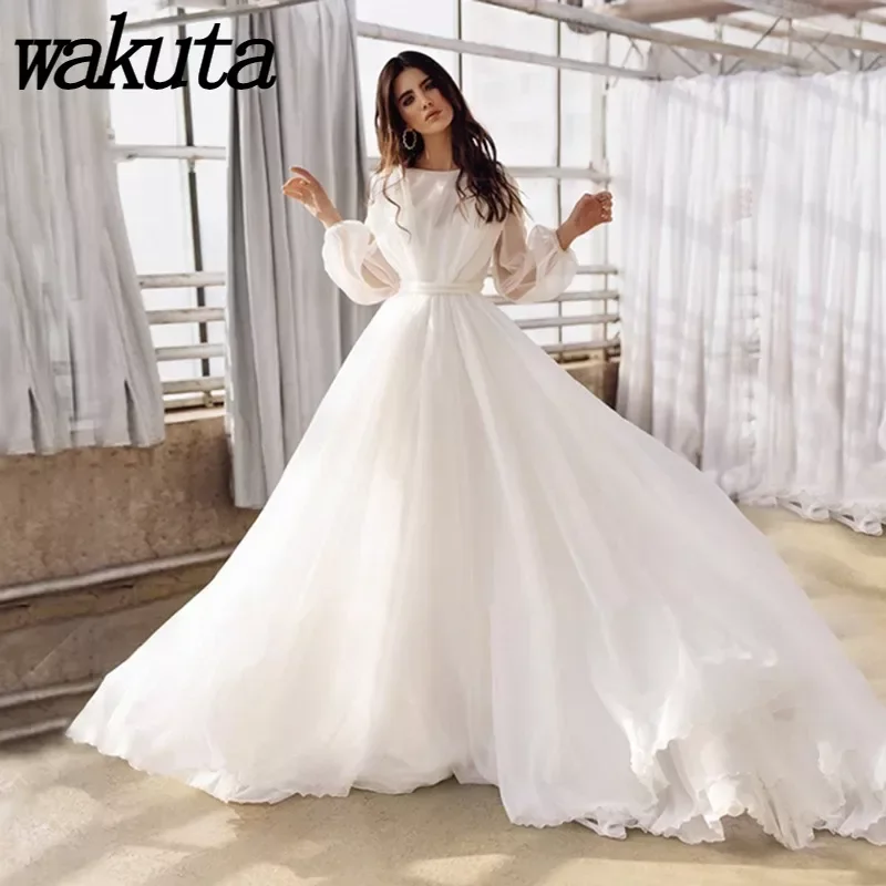 Wakuta Elegante Dames Ronde Hals Lange Mouwen A-Line Avondjurken Effen Kleur Rugloze Band Chiffon Bruids Bruiloft Vestidos