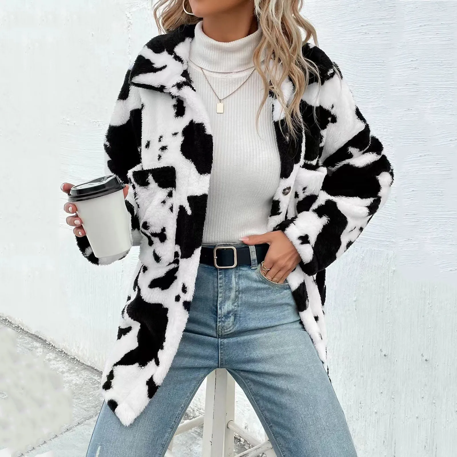 Ladies Casual Faux Fur Jacket Fashion Long Sleeve Buckle Autumn and Winter Loose Sherpa Fur Coat Pockets пальто женское 2024