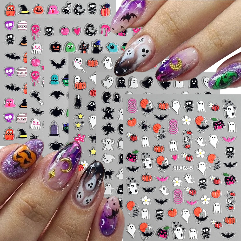 

5D Cute Ghost Pumpkin Cartoon Design Nail Sticker 5D Embossed Halloween Spider Bat Nail Decals Slider For Halloween Festival Dec