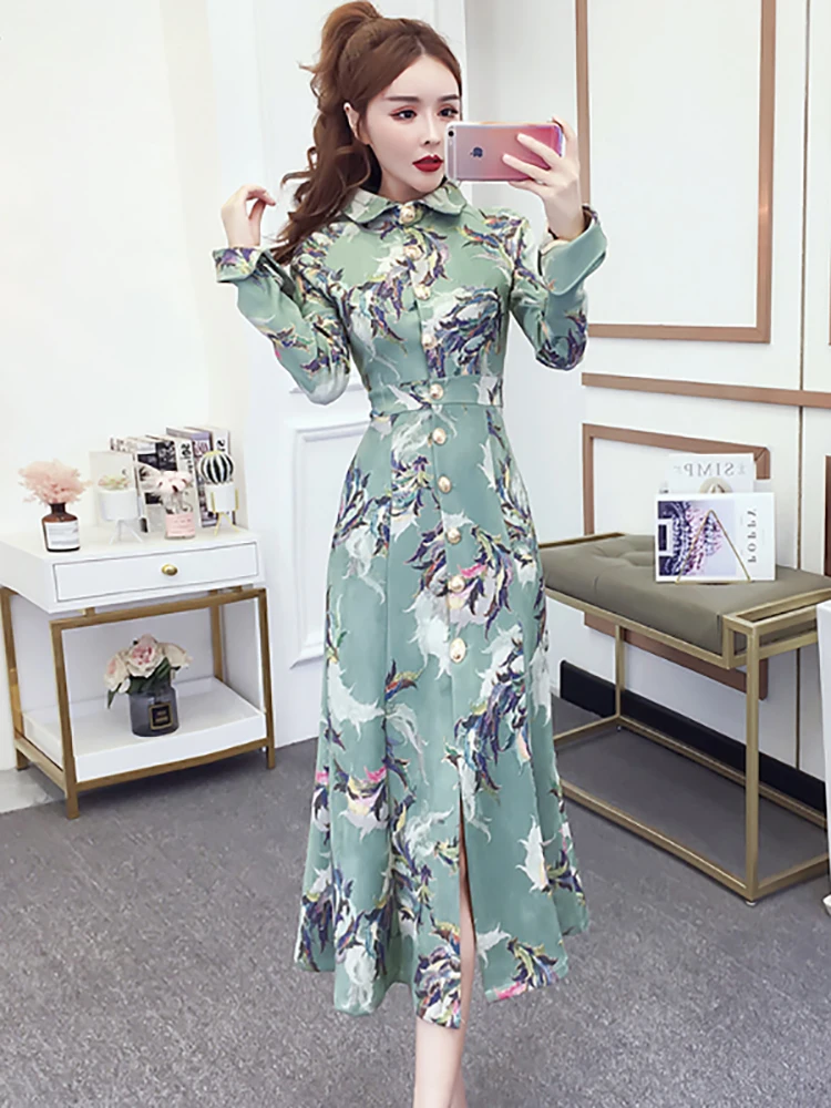 Autumn Winter Green Floral Deerskin Thick Warm Dress Women Long Sleeve Polo Collar Dress 2024 Korean Vintage Luxury Night Dress