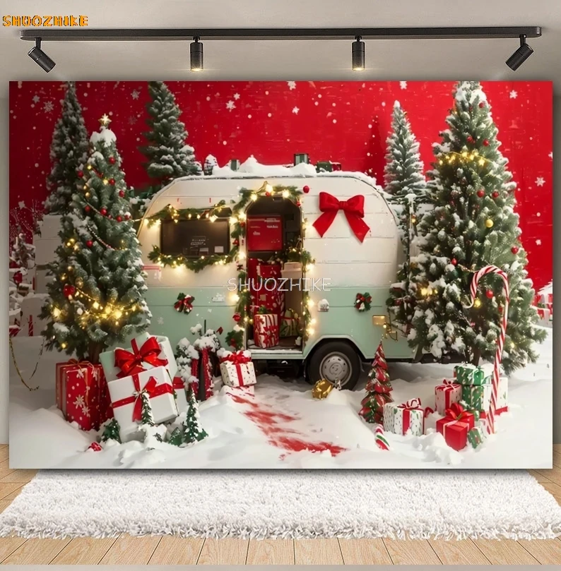 Sfondo fotografico per camion di Natale Albero di Natale Foresta invernale Neve Canna di zucchero Regali Ritratto per bambini Sfondo fotografico per feste in famiglia