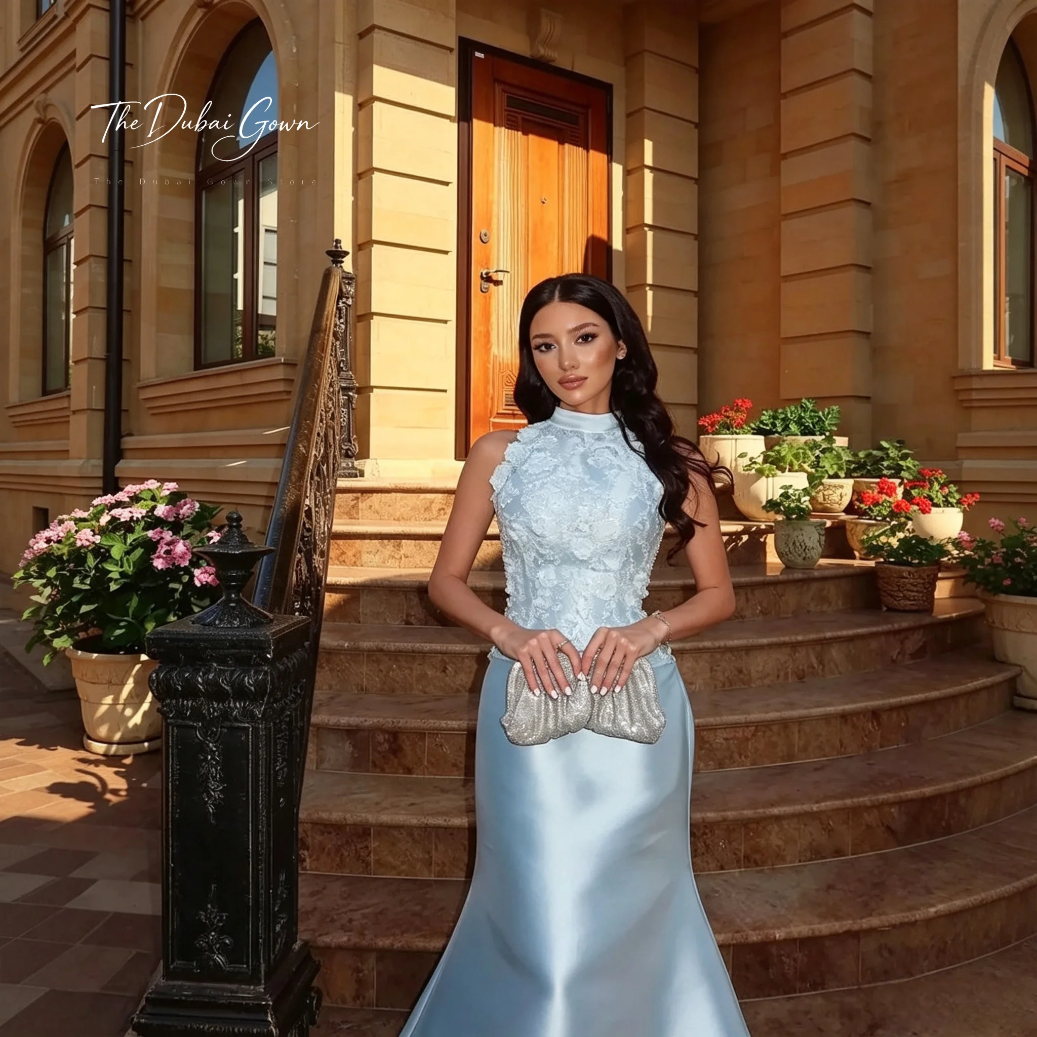 Blue Necked Halter-Top Sleeveless Fish-Tail Floor-Length Formal Evening Dress Floral Embroidery Elegant Women's Gown