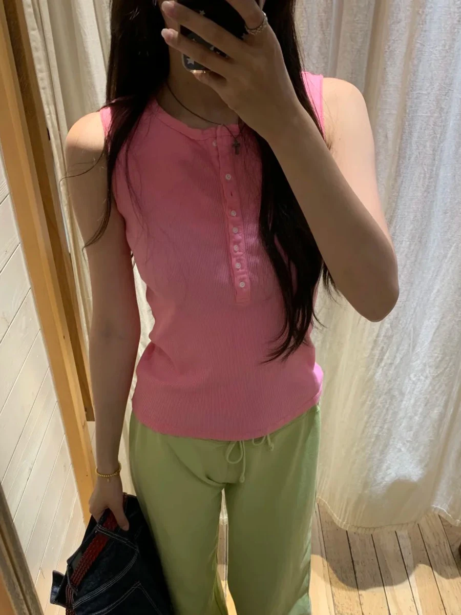 Peachy Pink Nine Buttons Tank Tops Women Summer Casual Ribbed O-neck Sleeveless Cotton Slim Vest Sweet Cute Preppy Style Camis