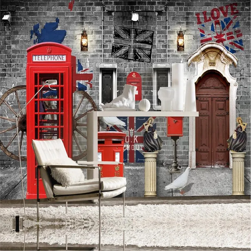 

European and American Retro Nostalgia London Street 3D Photo Wallpapers for Cafe Restaurant Phone Booth Gray Brick Wall Paper 3D