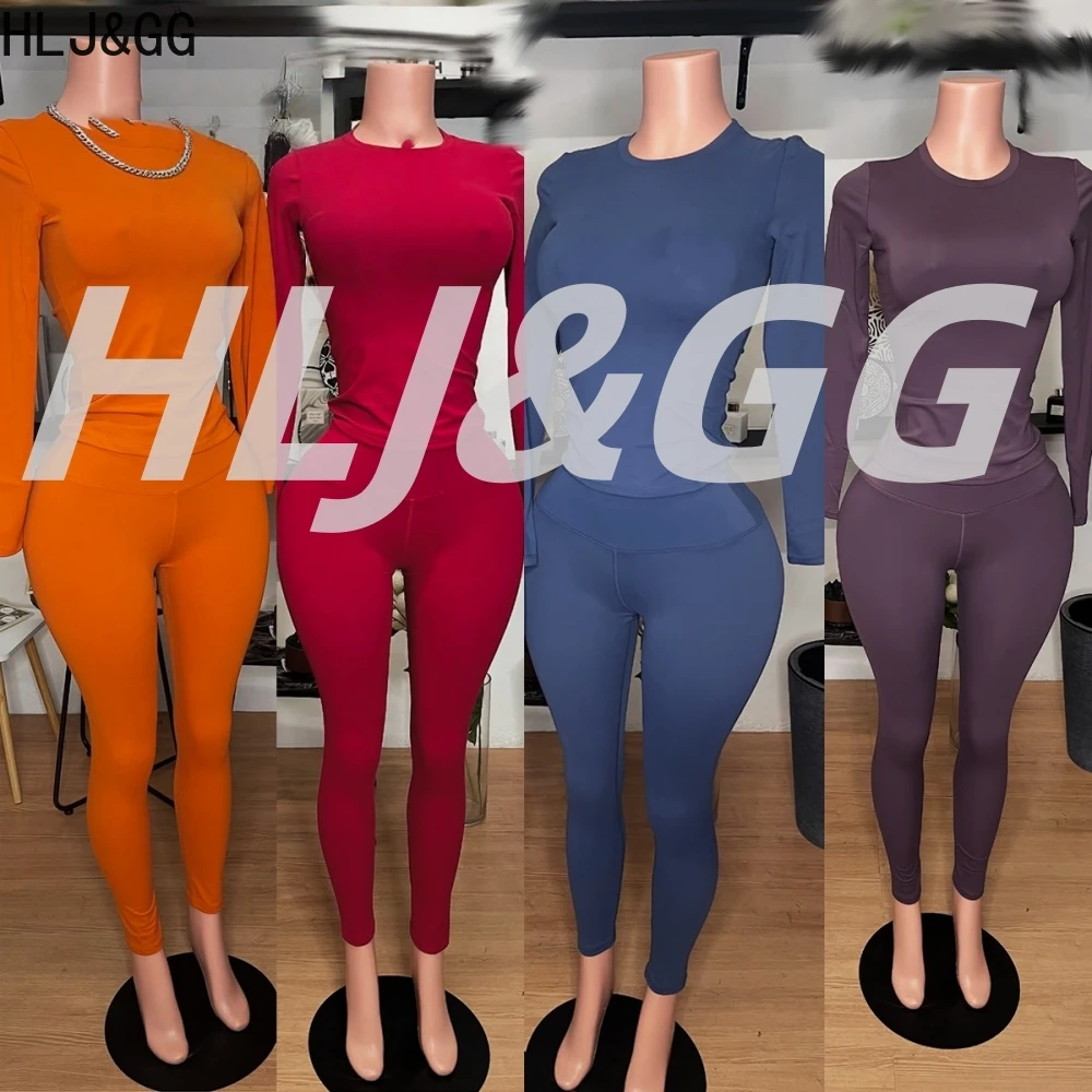 

HLJ&GG Casual High Quality Solid Sporty Skinny Pants Two Piece Sets Women Round Neck Long Sleeve Top And Pants Outfit Tracksuits
