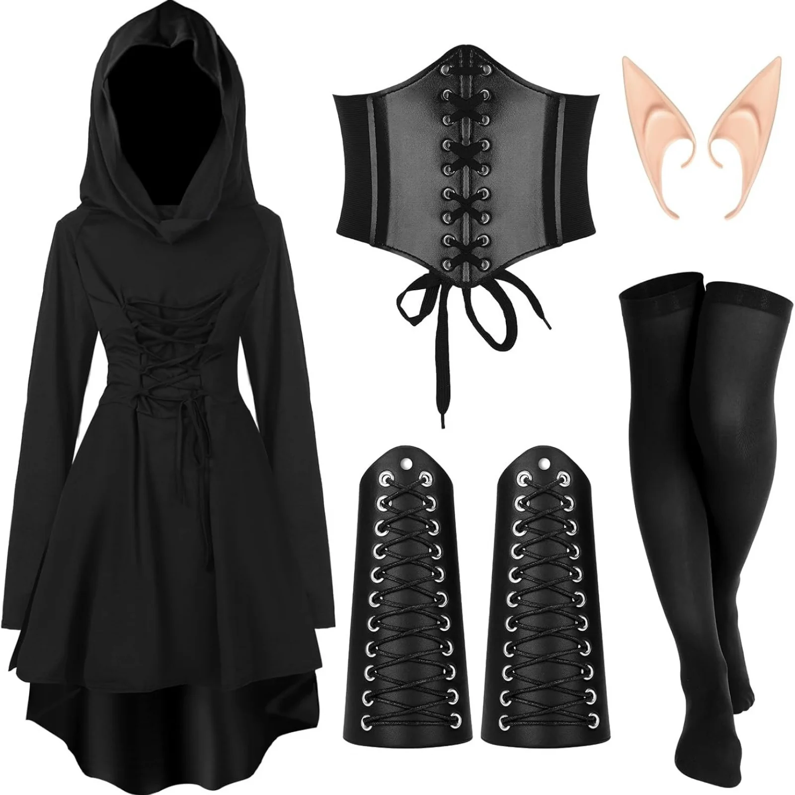 

5 Piece Women Renaissance Dress Fairy Costume Suit Medieval Hooded Robe Elf Ear Waist Wrist Protection Accessories