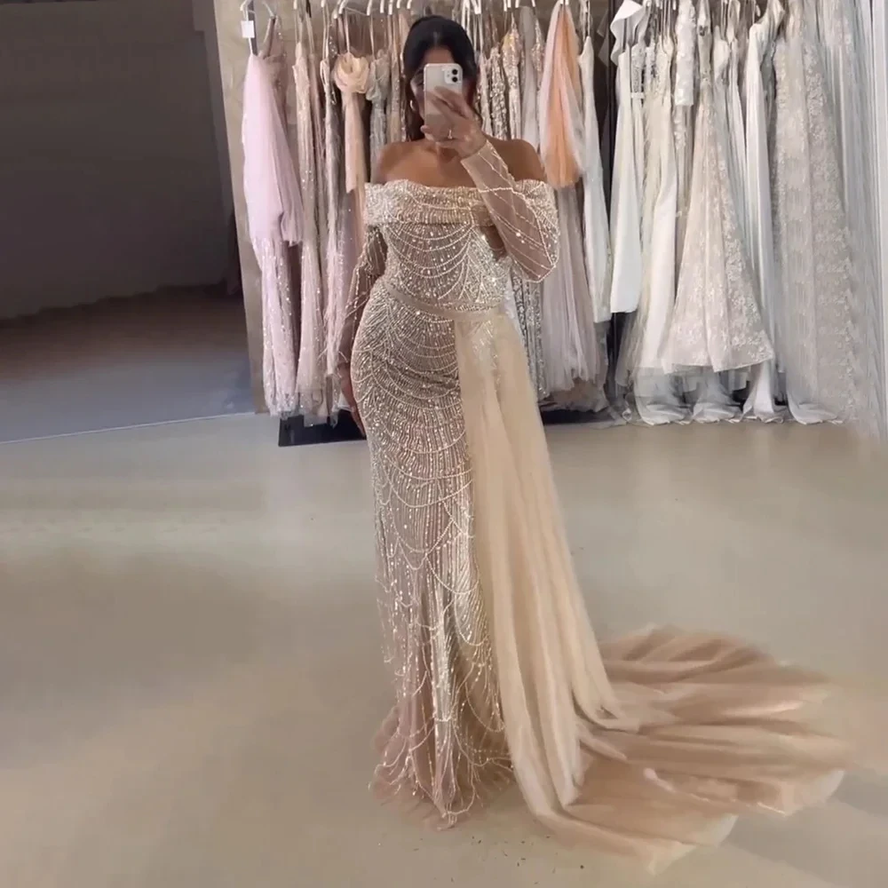 Luxury Arabia Boat Neck Evening Dress Mermaid Beaded Pearl Sequins Tulle Overskirt Off Shoulder Formal Party Prom Gowns Vestidos