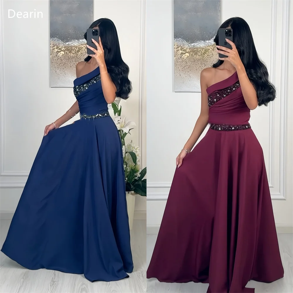 

Customized Women Formal Dress Prom Dearin One Shoulder A-line Floor Length Skirts Draped Beading Sleeveless Bespoke Occasion Dre