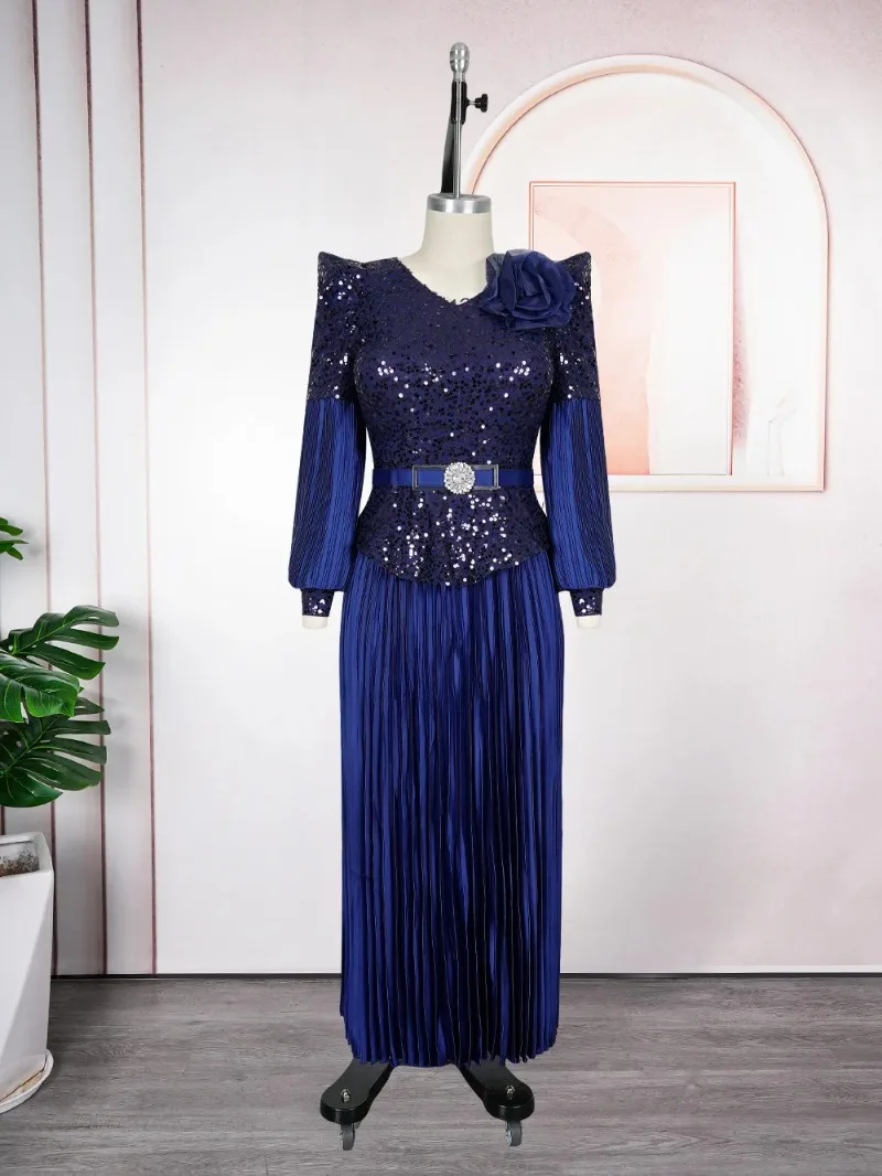 

Africa Dress for Women for Evening Party Elegant African Long Sleeve V-neck Sequin Wedding Pleat Long Maxi Dress Christmas Gowns