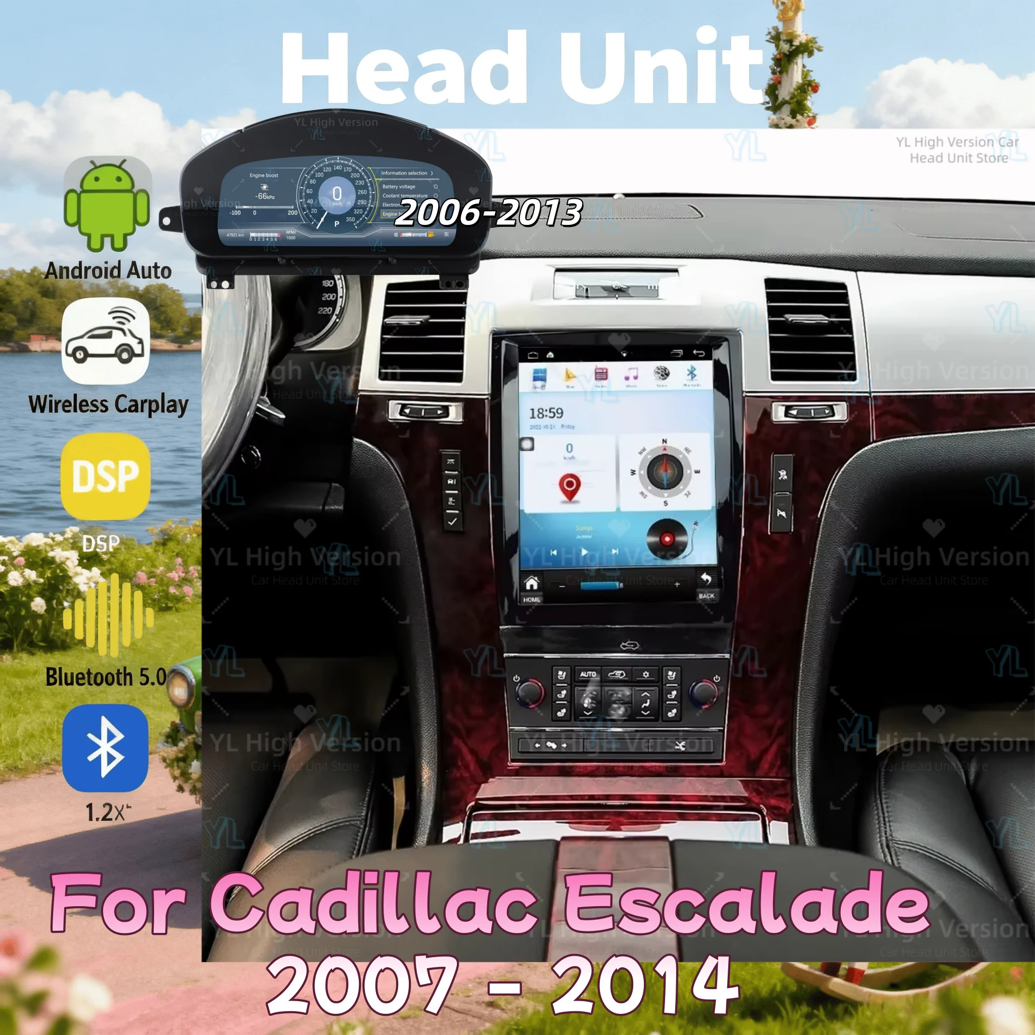 CY Carplay Android 13 para Cadillac Escalade 2007-2014, Pantalla Táctil, GPS para Auto, Navegación, Unidad Principal, Reproductor Multimedia, Radio para Auto, BT 5.0