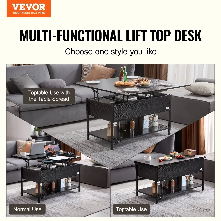 VEVOR Lift Top Coffee Table 39.4 Inch Rectangle Table with Light USB Ports Black