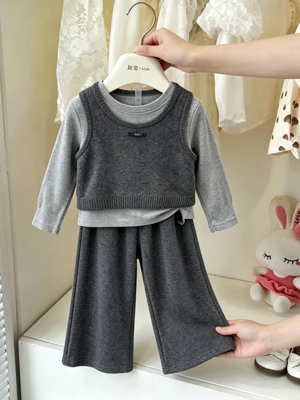 Girls Knitted Vest Wide Leg Pants Set Casual Style Three Piece Suite New 2026 Trendy Fashionable Children's Autumn Outfit