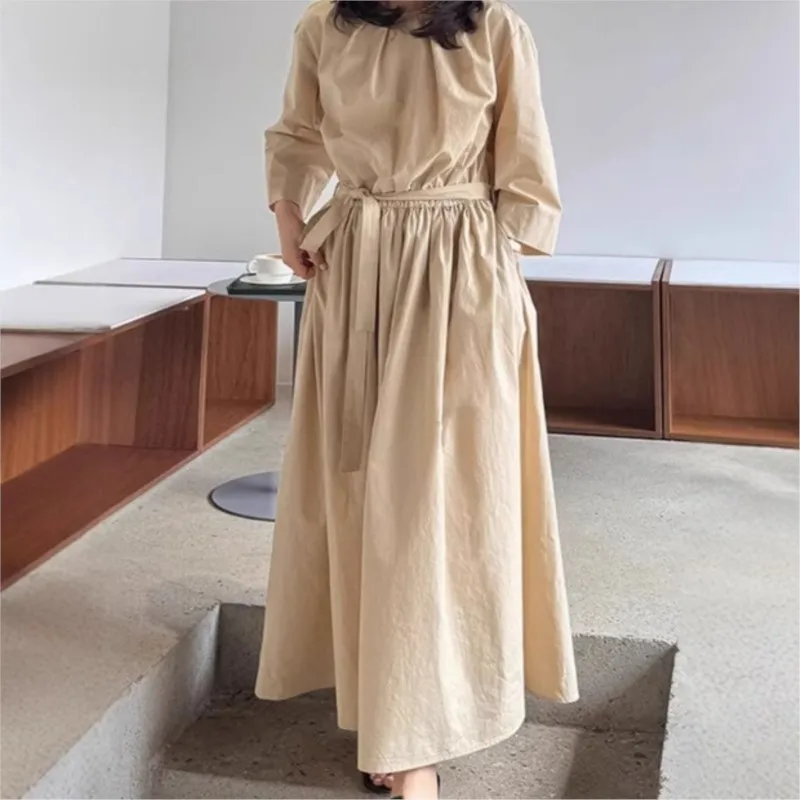 

Johnature New Korean Casual Long Sleeve Long Dress Women 2025 Summer O-neck Loose Lace-up Simple Pockets Female Dresses