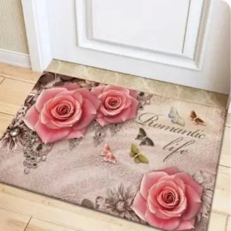 Rose Printed Pattern Mat Outdoor Non-slip Rug Easy To Clean Washable Carpet Wrinkle Resistant Doormat Washroom Entrance Decor