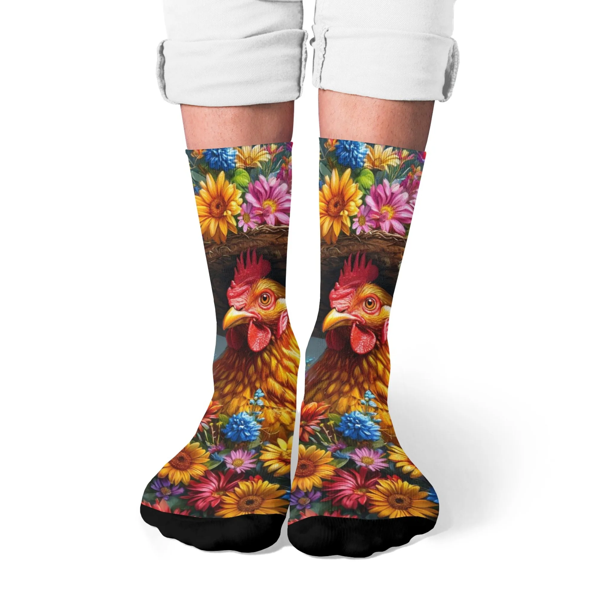Pastorale kreative anthropomorphe Hahn-Crew-Socken, Blumenhut-Socken mit buntem Blumendruck, Geschenk für Enthusiasten im lustigen Stil