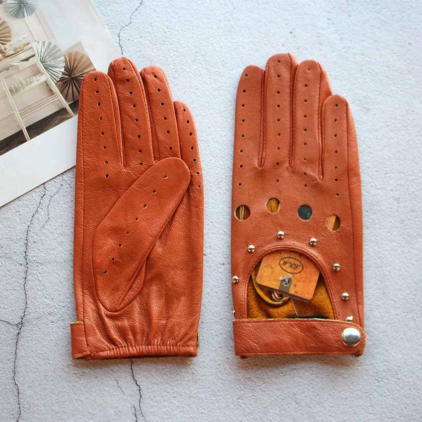 Women's Summer Leather Full Finger Gloves Unlined Thin Fashion Spring Autumn Motorcycle Riding Sheepskin Driving