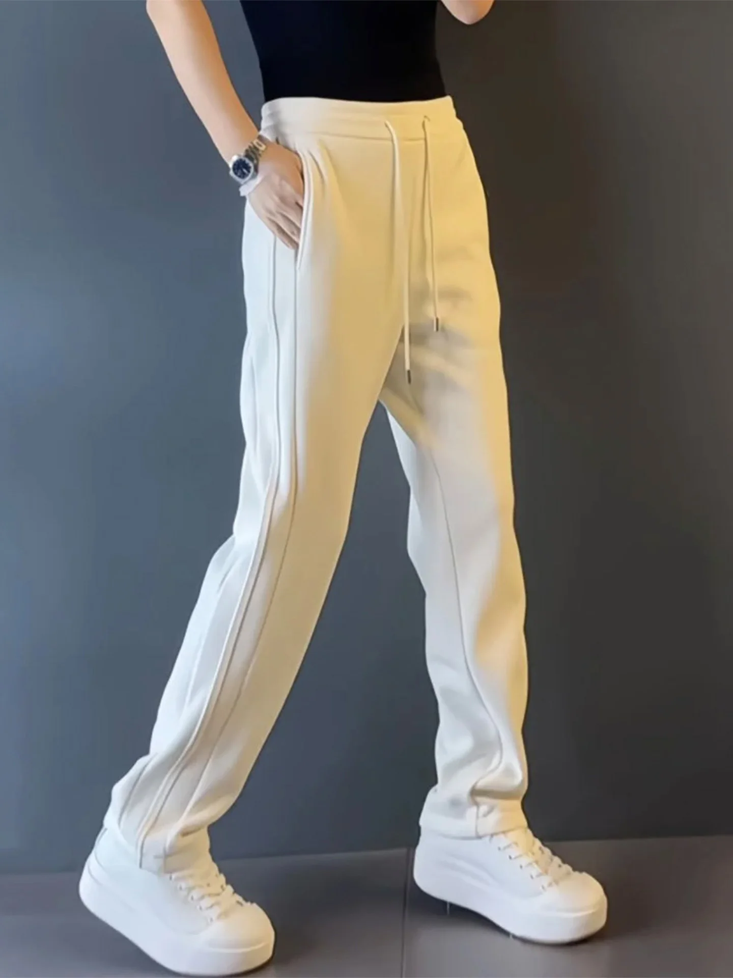 

Fall Winter Men's Casual Sports Pants Straight Leg White Loose Luxury Long Trousers Comfortable Breathable Knitted mid Waist
