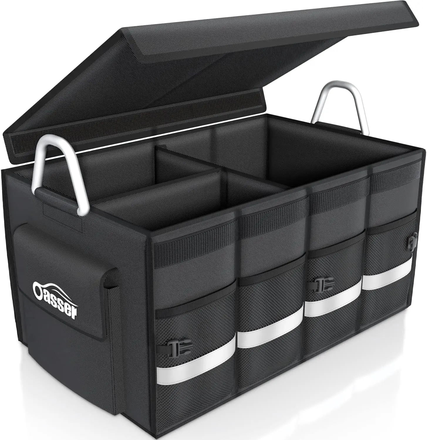 

Trunk Organizer Cargo Storage Waterproof Collapsible Durable Compartments Foldable Hard Cover Handle Reflective Strip