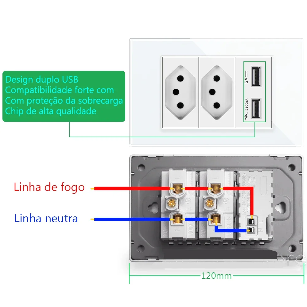 Shawader US/italia/cile/20A brasile presa a muro prese USB tipo C pressostato pannello in plastica/vetro temperato Home Office