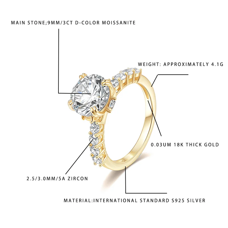 

3CT D-Color Moissanite Ring 9MM S925 Silver 18K Gold Plated Zircon Cluster Women Engagement Wedding Jewelry