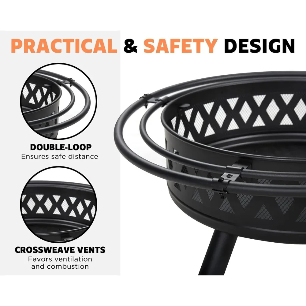 35 Inch Fire Pit, Outdoor Wood Burning Fire Pit Crossweave with Spark Screen Fire Poker with 2 Loops, Garden Bonfire