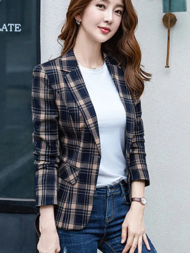 PEONFLY Vintage Casual Plaid Blazer Women Fashion Single Button Office Ladies Jacket Coat Notched Collar Long Sleeve Jacket 2023