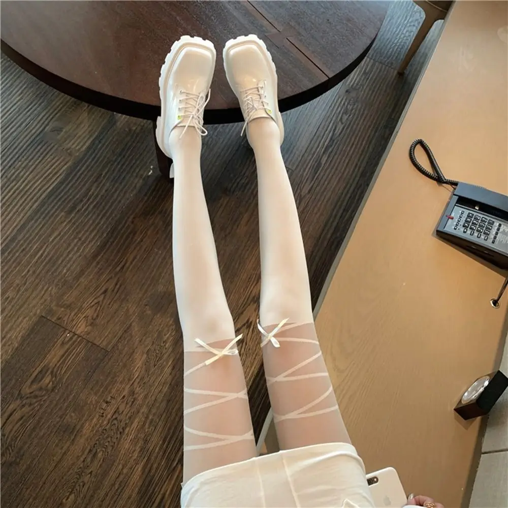 Fashion Polyester Bowknot Pantyhose Bowknot Thin Tights Stock Elastic Hollow Out Long Stocking Women