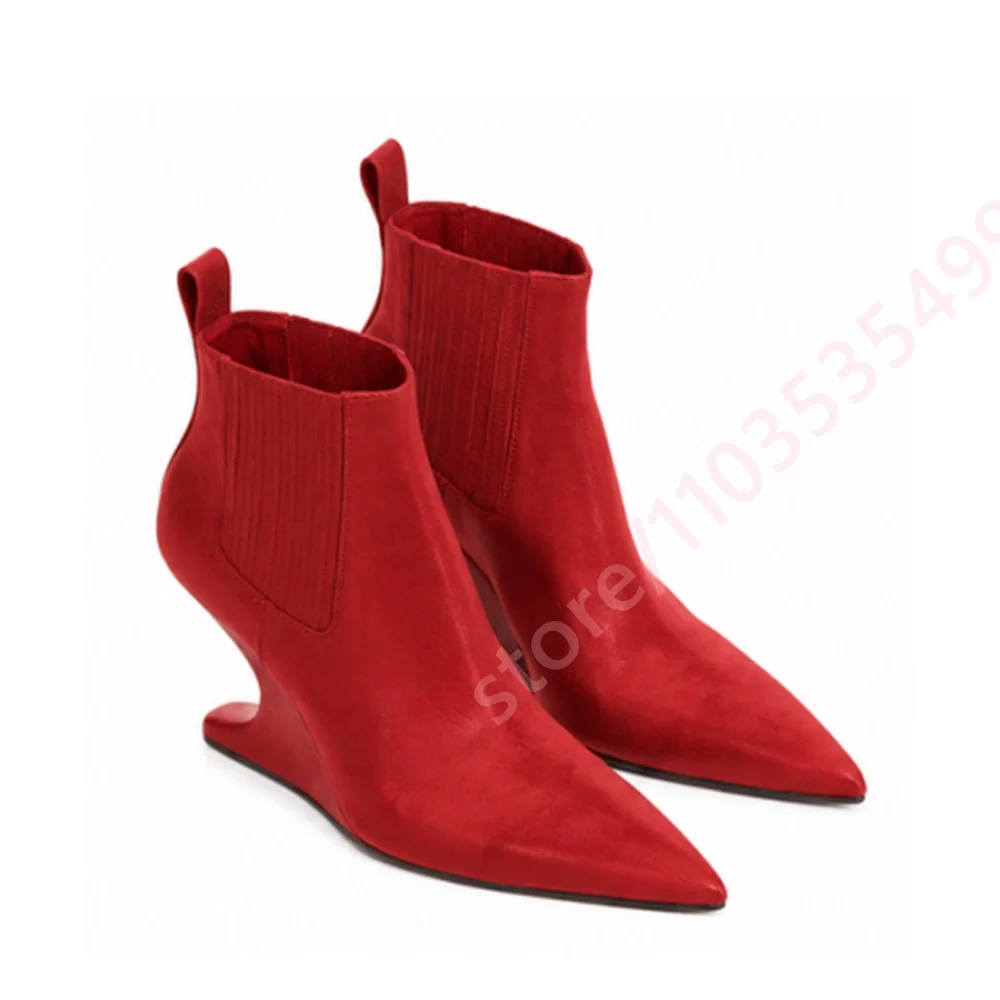Women's Pointed Toe Ankle Boots Unique Sculptural Wavy Heel Boots Elastic Slip On Boots Fashion Runway Evening Party Dress Boots