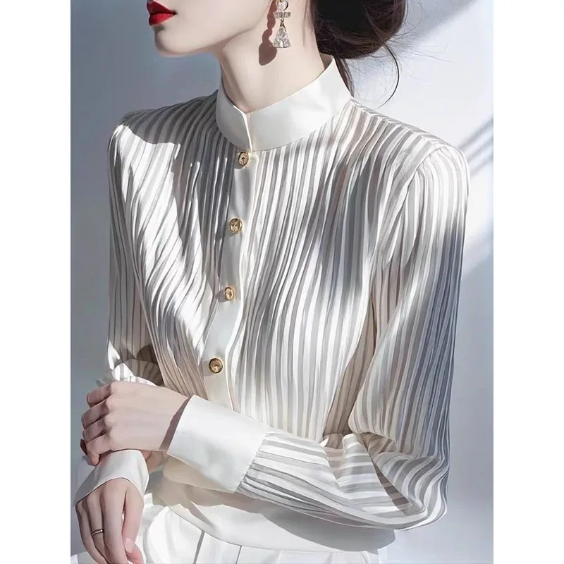 여성용 쉬폰 셔츠 여성용 새로운 폭발 봄 독특하고 아름다운 회색 대비 줄무늬 싱글 브레스트 셔츠 및상의