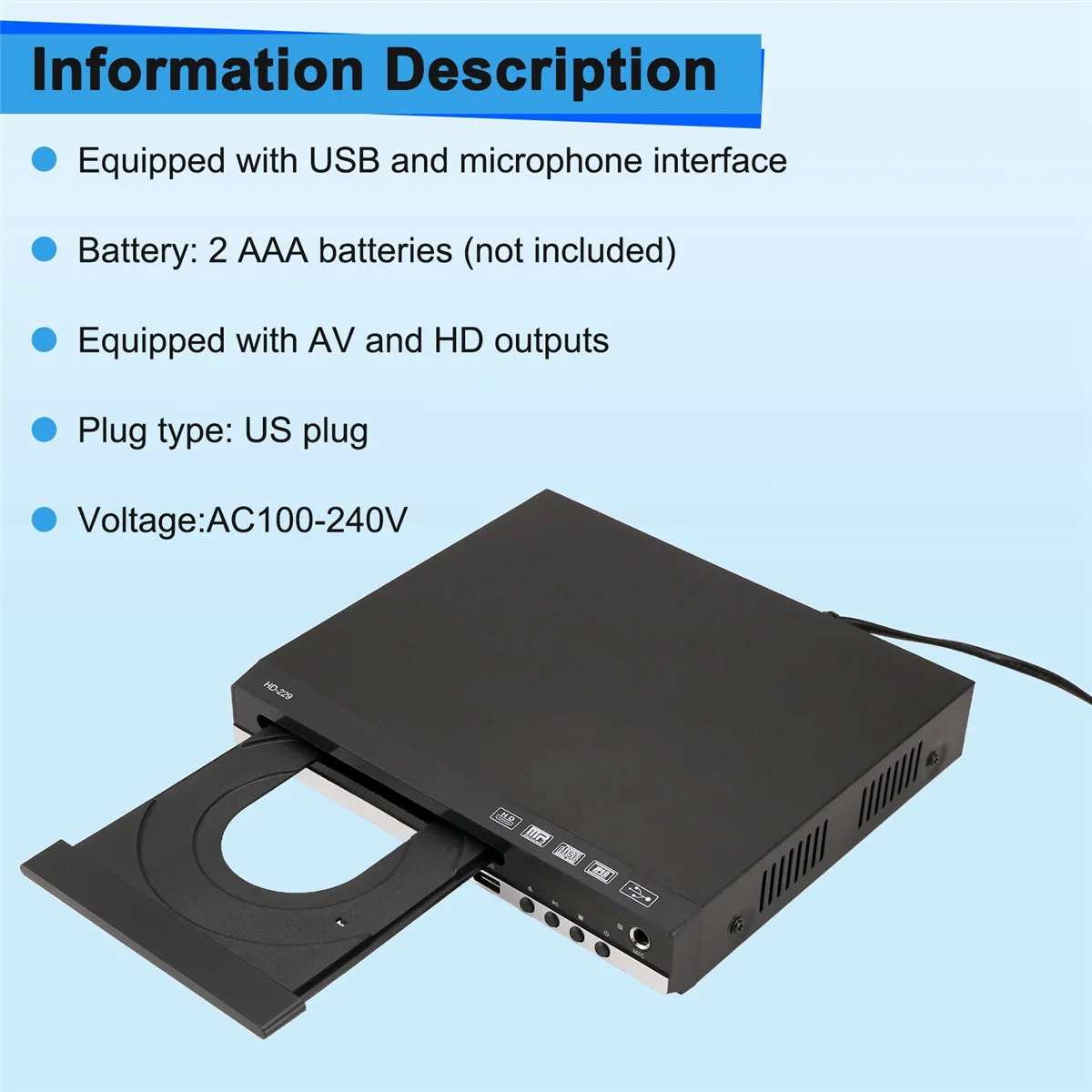 HD 1080p CD/EVD/VCD DVD-плеер Выходы Домашний цифровой медиаплеер с USB и микрофонными портами US PLUG