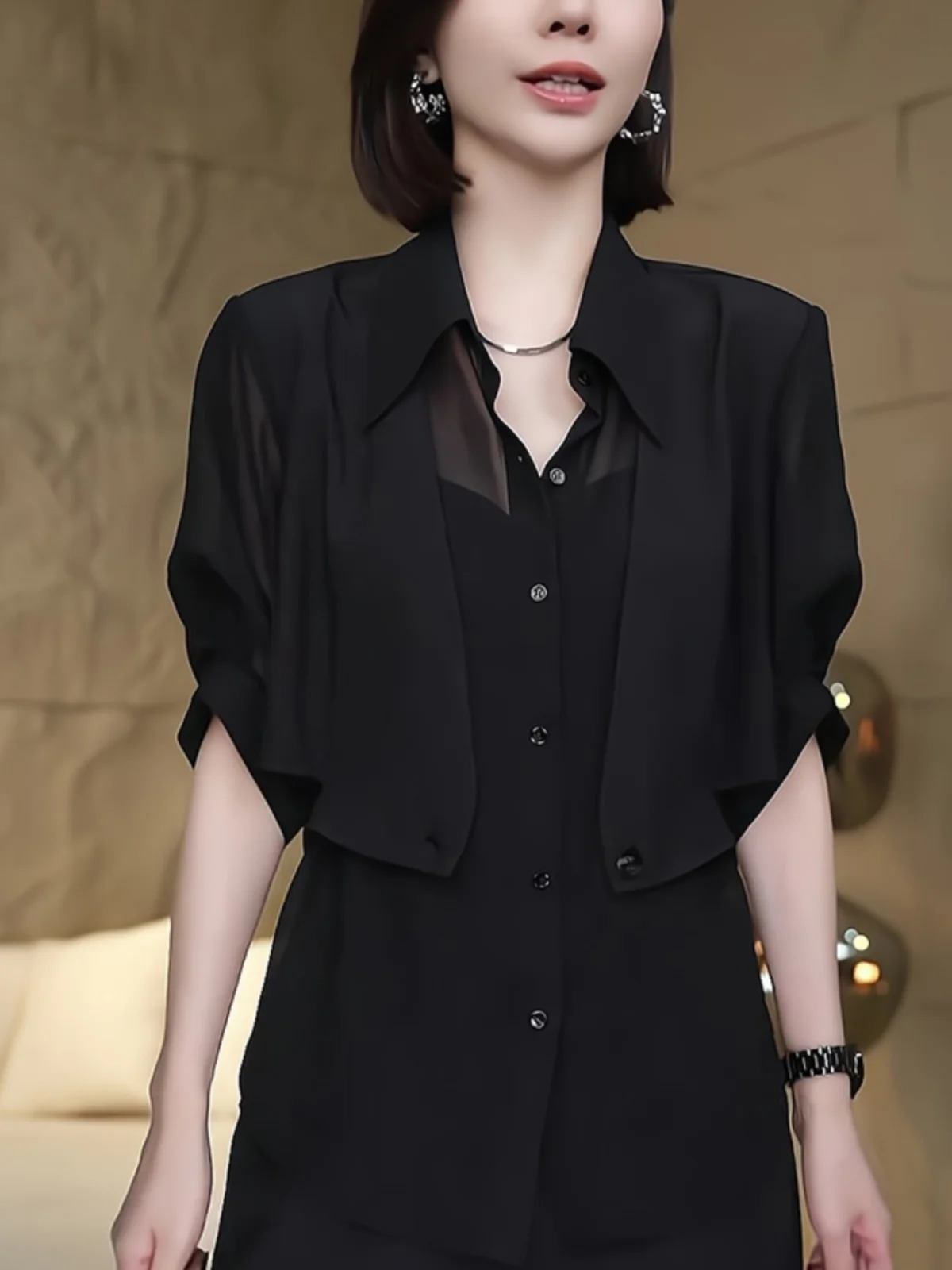 

Gtuq Korean Sle Faionable Bla Five-Quarter Sve irt Women's Summer New Trendy Top Fake Two-Piece Ele Sensation