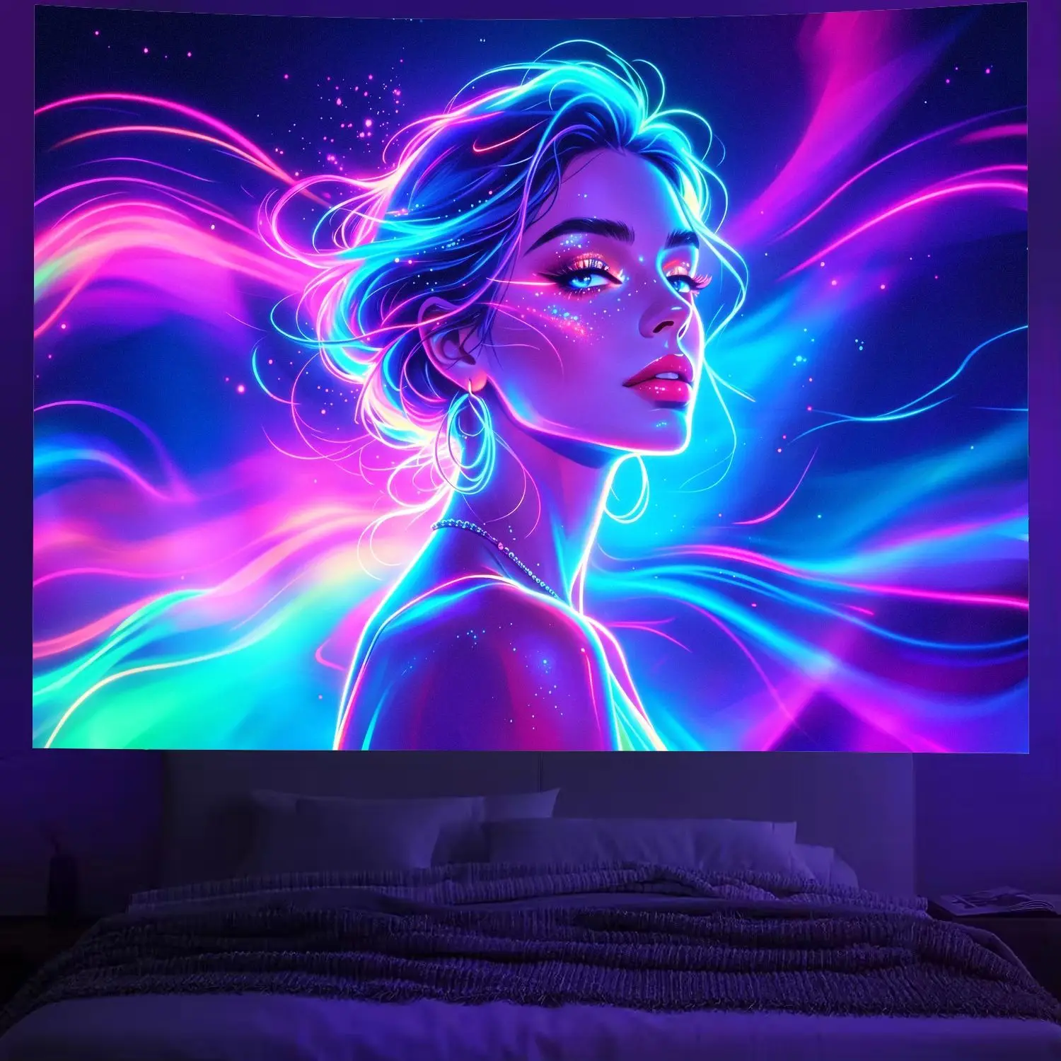VIKAMA Psychedelic Woman Portrait Tapestry Colorful Light Wave Fantasy Wall Hanging Aesthetic Bedroom Dorm Room Decor